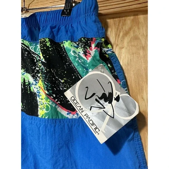 Vintage 90s OP Ocean Pacific Blue Neon Graphic Swim Trunk Shorts NOS Size Medium